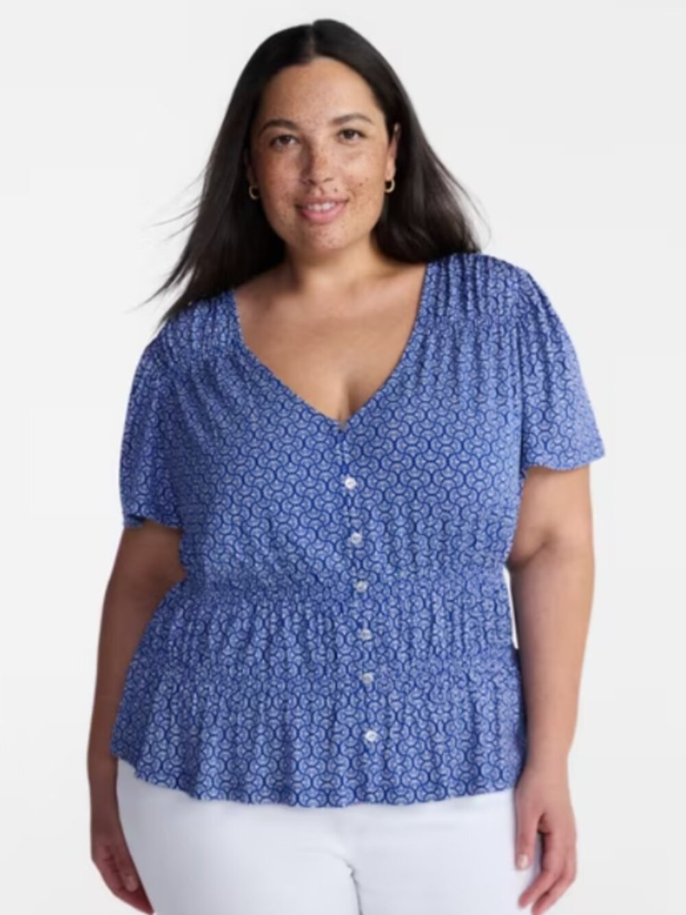 NWT! Terra & Sky Femme Smocked Top Paradise Fan Porcelain Beige Blue Gusto 3X